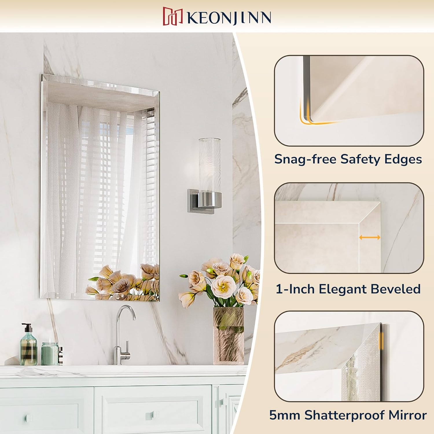 Keonjinn Size 22 x 30 Inch Frameless Bathroom Mirror, Beveled Mirrors for Bathroom Sink, Shatterproof Wall Mirror, Modern Decorative for Living Room, Entryway, Bedroom, Horizontal/Vertical